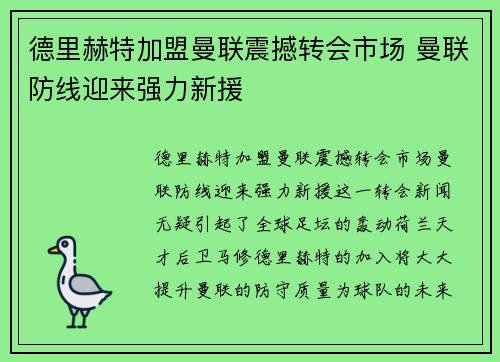 德里赫特加盟曼联震撼转会市场 曼联防线迎来强力新援